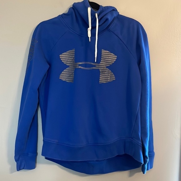 Under Armour Women's Blue Rival Fleece Logo Silver Foil Hooded Sweatshirt Size M - Picture 1 of 10